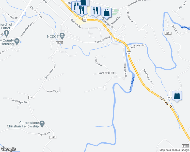 map of restaurants, bars, coffee shops, grocery stores, and more near 251 Windridge Rd in Sparta