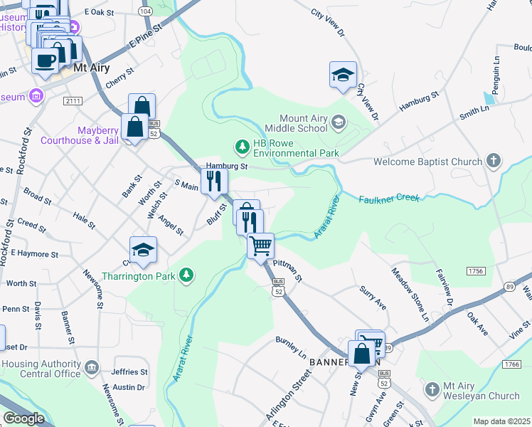 map of restaurants, bars, coffee shops, grocery stores, and more near 218 William Penn Street in Mount Airy