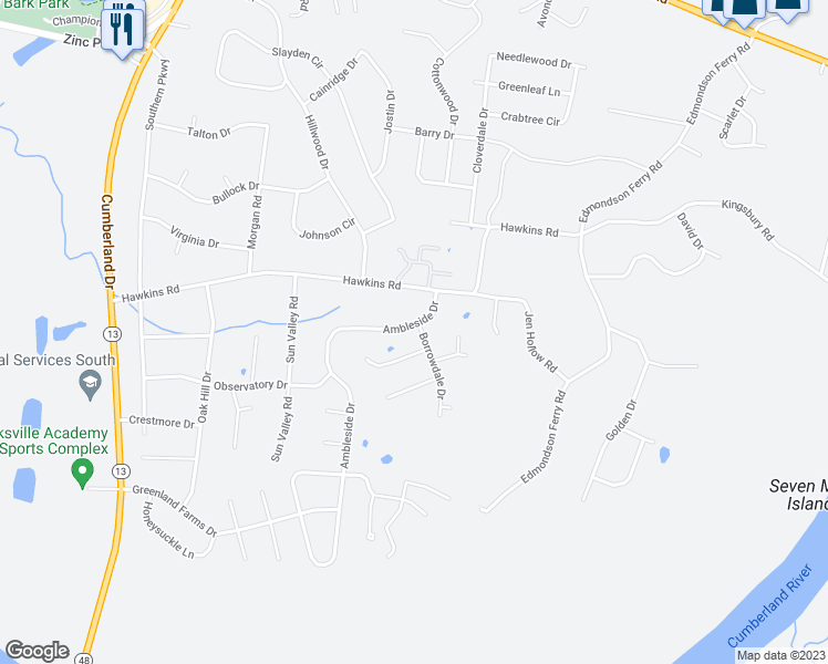 map of restaurants, bars, coffee shops, grocery stores, and more near 1398 Borrowdale Drive in Clarksville