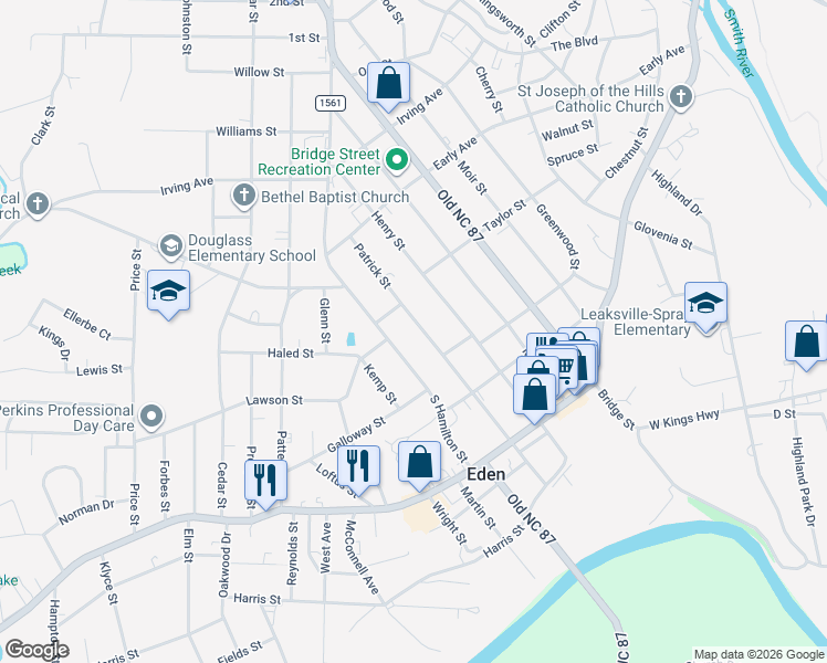 map of restaurants, bars, coffee shops, grocery stores, and more near 505 Patrick Street in Eden