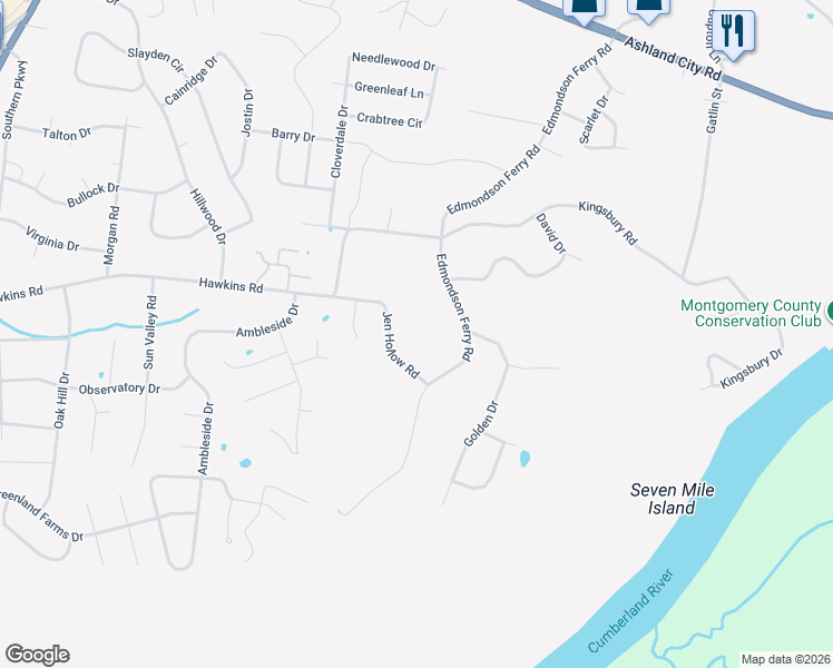 map of restaurants, bars, coffee shops, grocery stores, and more near 421 Jen Hollow Road in Clarksville