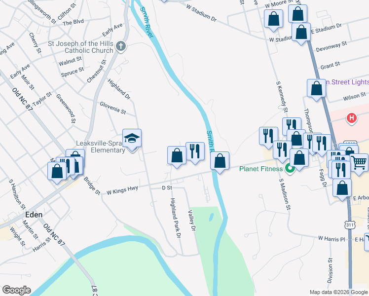 map of restaurants, bars, coffee shops, grocery stores, and more near 502 Carolyn Court in Eden