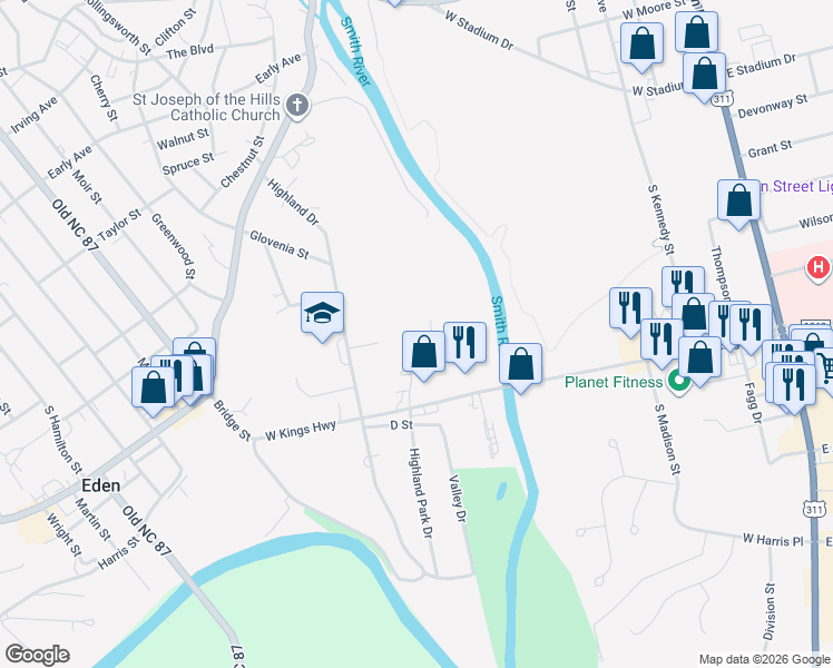 map of restaurants, bars, coffee shops, grocery stores, and more near 511 Carolyn Court in Eden