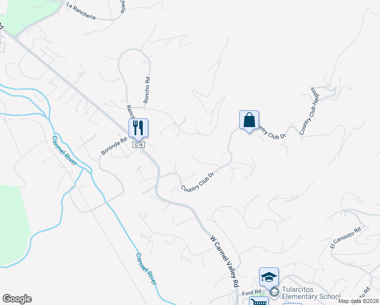 map of restaurants, bars, coffee shops, grocery stores, and more near 206 Country Club Drive in Carmel Valley