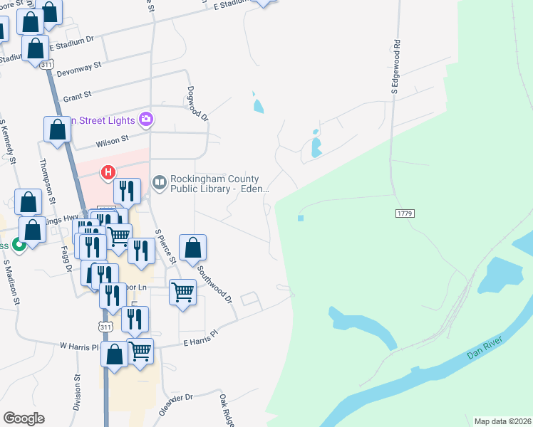 map of restaurants, bars, coffee shops, grocery stores, and more near 514 Briarwood Drive in Eden