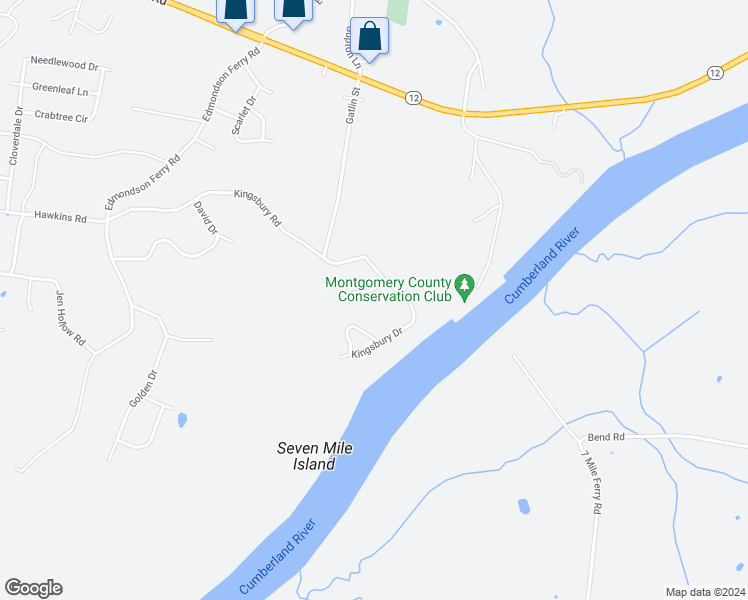 map of restaurants, bars, coffee shops, grocery stores, and more near 104 Kingsbury Court in Clarksville