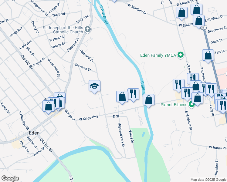 map of restaurants, bars, coffee shops, grocery stores, and more near 525 Highland Park Drive in Eden