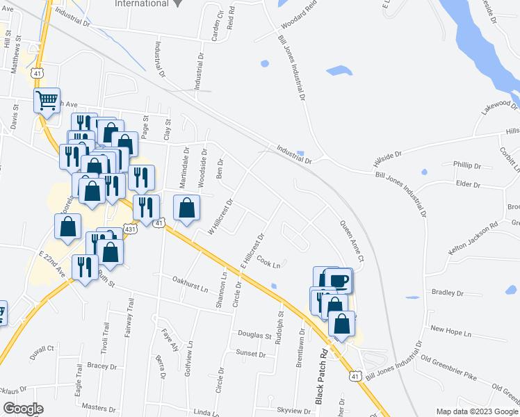 map of restaurants, bars, coffee shops, grocery stores, and more near 2408 North Hillcrest Drive in Springfield