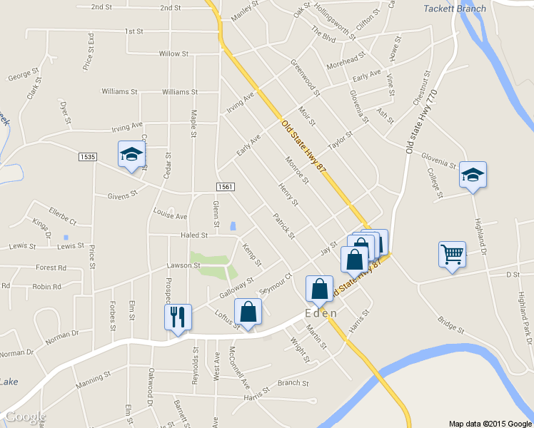 map of restaurants, bars, coffee shops, grocery stores, and more near 505 Patrick Street in Eden