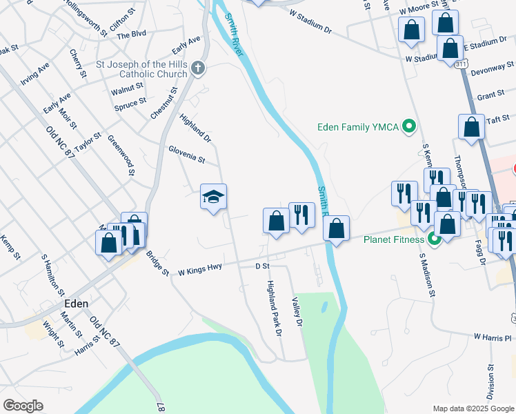 map of restaurants, bars, coffee shops, grocery stores, and more near 525 Highland Park Drive in Eden