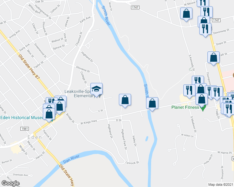 map of restaurants, bars, coffee shops, grocery stores, and more near 525 Highland Park Drive in Eden