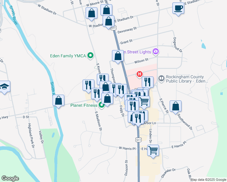 map of restaurants, bars, coffee shops, grocery stores, and more near 213 W Kings Hwy in Eden