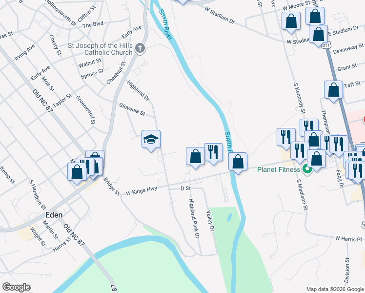 map of restaurants, bars, coffee shops, grocery stores, and more near 511 Carolyn Court in Eden
