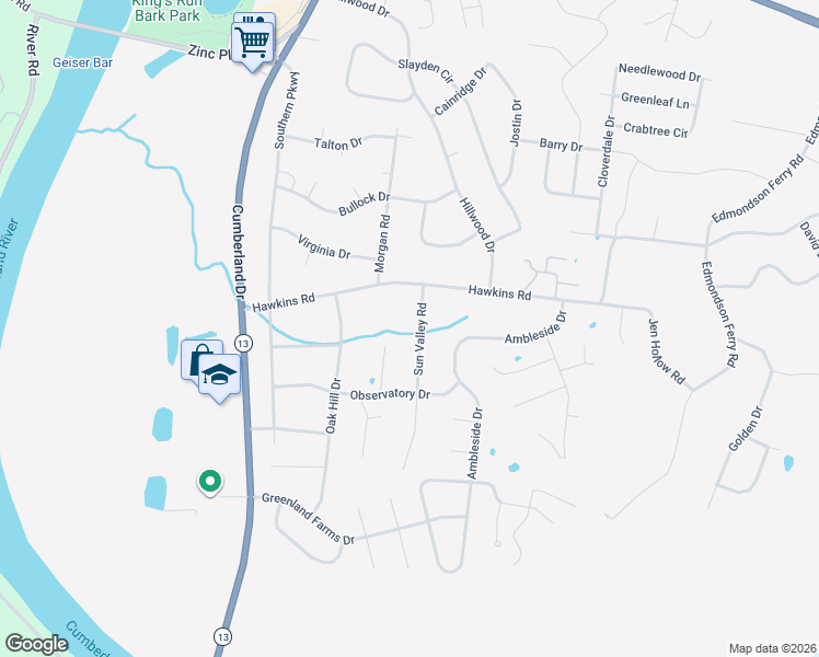 map of restaurants, bars, coffee shops, grocery stores, and more near 1308 Sun Valley Road in Clarksville