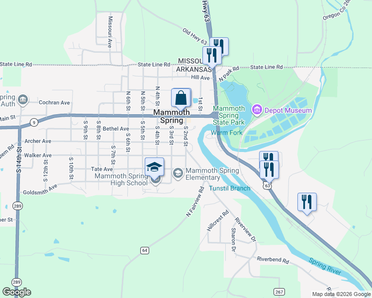 map of restaurants, bars, coffee shops, grocery stores, and more near 336 Rivervista Drive in Mammoth Spring