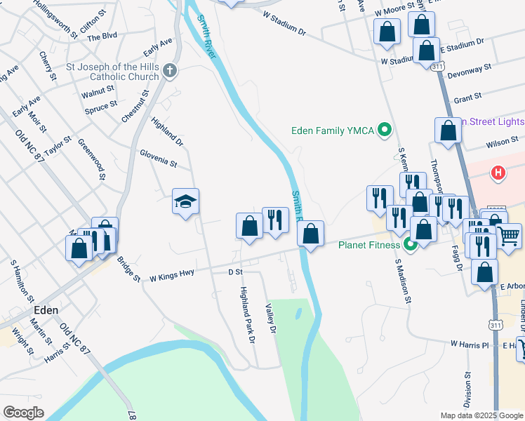 map of restaurants, bars, coffee shops, grocery stores, and more near 502 Carolyn Court in Eden