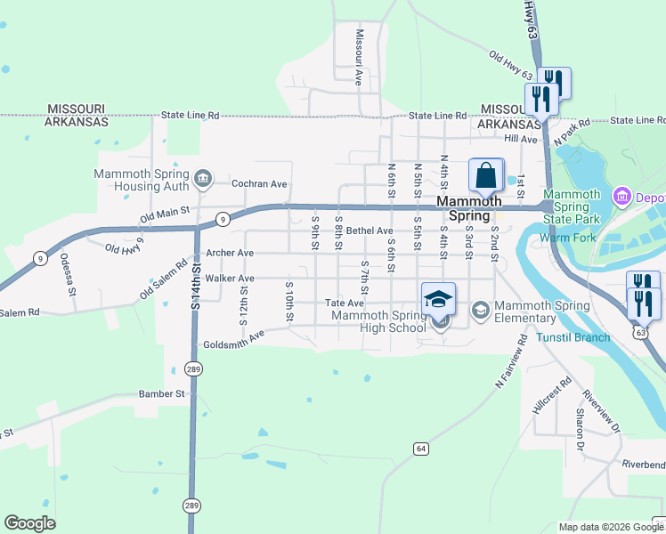 map of restaurants, bars, coffee shops, grocery stores, and more near 375 South 8th Street in Mammoth Spring