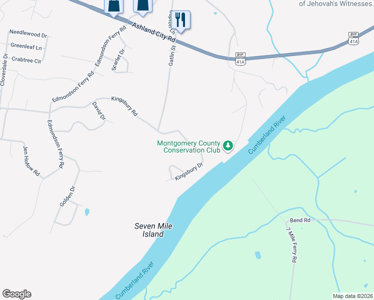 map of restaurants, bars, coffee shops, grocery stores, and more near 104 Kingsbury Court in Clarksville