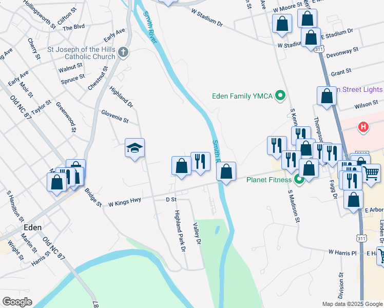 map of restaurants, bars, coffee shops, grocery stores, and more near 502 Carolyn Court in Eden