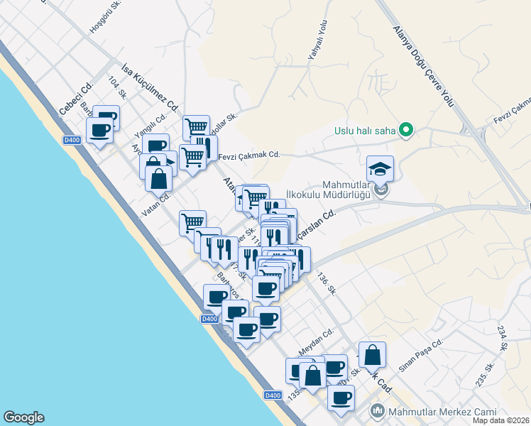 map of restaurants, bars, coffee shops, grocery stores, and more near in Alanya