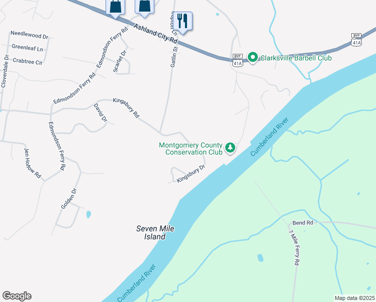 map of restaurants, bars, coffee shops, grocery stores, and more near 102 Kingsbury Court in Clarksville
