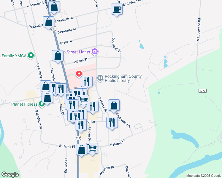 map of restaurants, bars, coffee shops, grocery stores, and more near 531 Southwood Drive in Eden