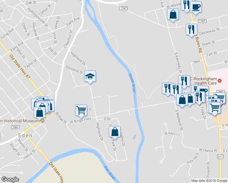 map of restaurants, bars, coffee shops, grocery stores, and more near 503 Carolyn Court in Eden