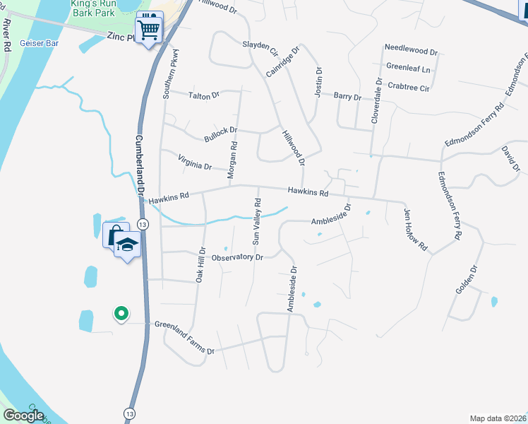 map of restaurants, bars, coffee shops, grocery stores, and more near 1308 Sun Valley Road in Clarksville