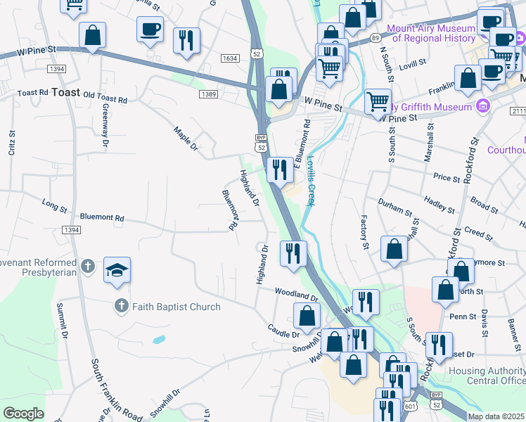 map of restaurants, bars, coffee shops, grocery stores, and more near 205 Highland Drive in Mount Airy
