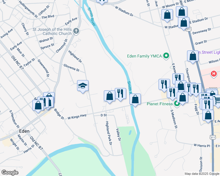 map of restaurants, bars, coffee shops, grocery stores, and more near 503 Carolyn Court in Eden