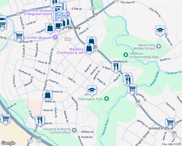 map of restaurants, bars, coffee shops, grocery stores, and more near 142 Worth Street in Mount Airy