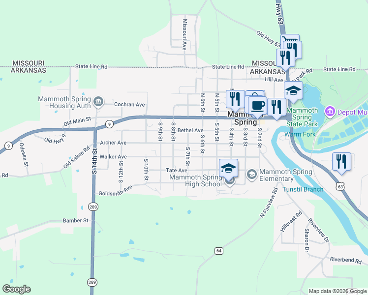 map of restaurants, bars, coffee shops, grocery stores, and more near 375 South 8th Street in Mammoth Spring