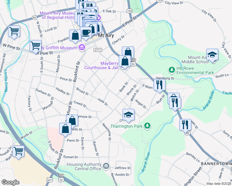 map of restaurants, bars, coffee shops, grocery stores, and more near 721 Spring Street in Mount Airy