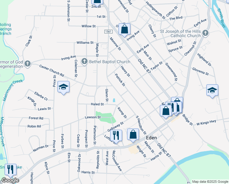 map of restaurants, bars, coffee shops, grocery stores, and more near 409 South Hamilton Street in Eden