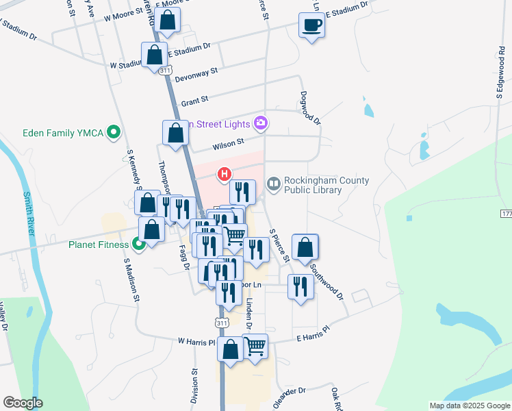 map of restaurants, bars, coffee shops, grocery stores, and more near 212 East Kings Highway in Eden