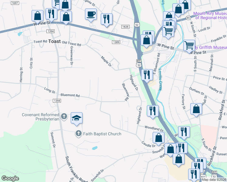map of restaurants, bars, coffee shops, grocery stores, and more near 157 Westover Drive in Mount Airy