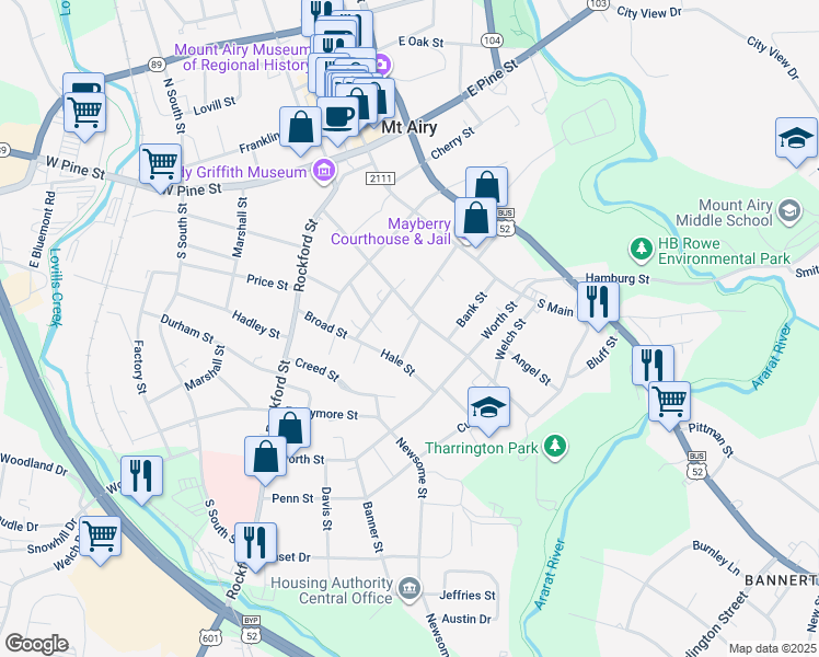 map of restaurants, bars, coffee shops, grocery stores, and more near 304 Pender Street in Mount Airy