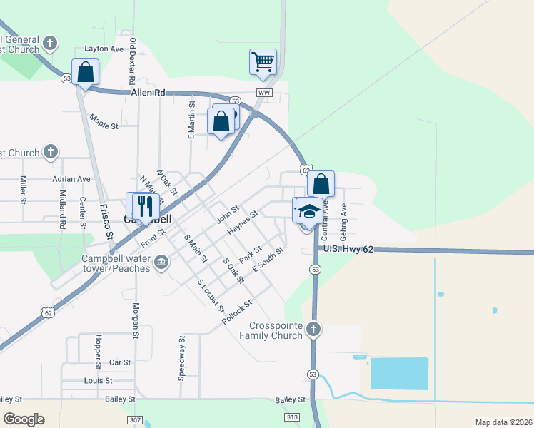 map of restaurants, bars, coffee shops, grocery stores, and more near 602 College Street in Campbell