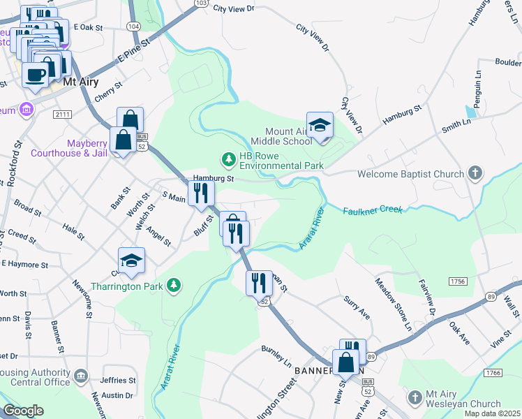 map of restaurants, bars, coffee shops, grocery stores, and more near 213 William Penn Street in Mount Airy