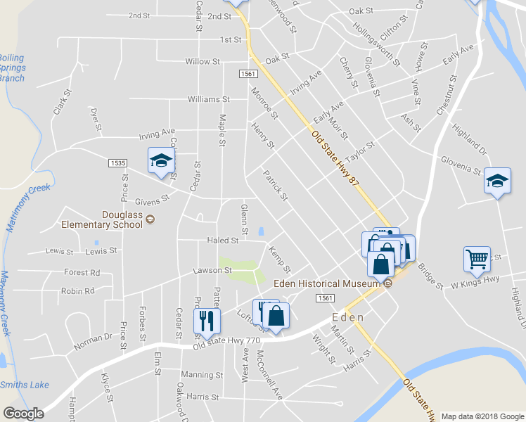 map of restaurants, bars, coffee shops, grocery stores, and more near 409 South Hamilton Street in Eden