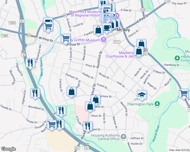map of restaurants, bars, coffee shops, grocery stores, and more near 470 Rockford Street in Mount Airy