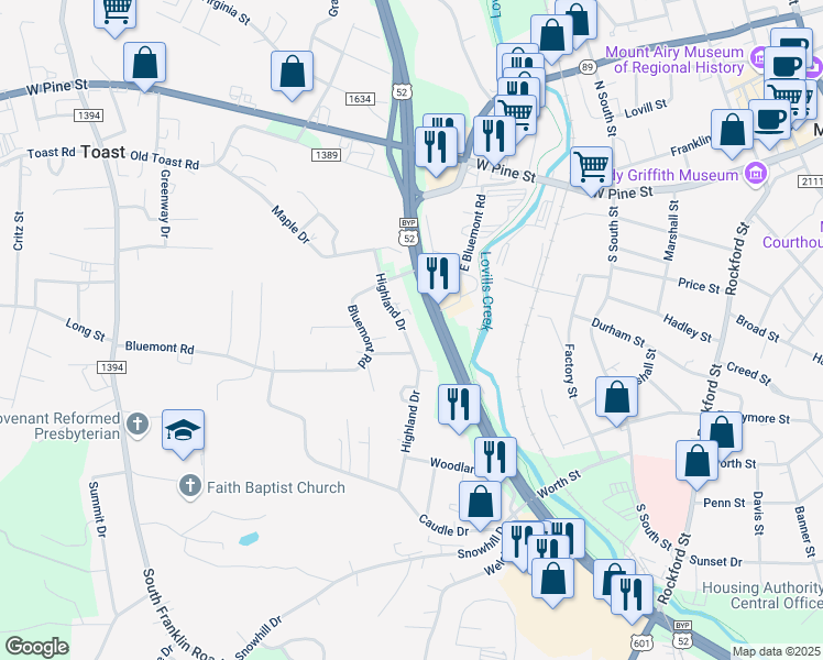 map of restaurants, bars, coffee shops, grocery stores, and more near 205 Highland Drive in Mount Airy