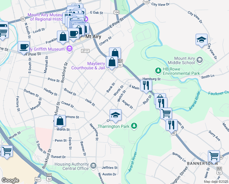map of restaurants, bars, coffee shops, grocery stores, and more near 142 Worth Street in Mount Airy