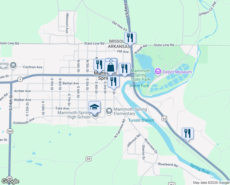 map of restaurants, bars, coffee shops, grocery stores, and more near 336 Rivervista Drive in Mammoth Spring