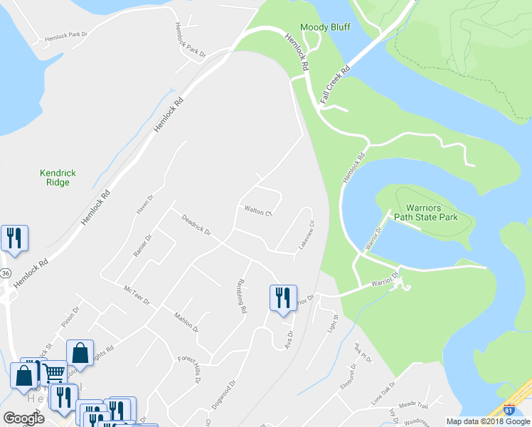 map of restaurants, bars, coffee shops, grocery stores, and more near Walton Court in Kingsport