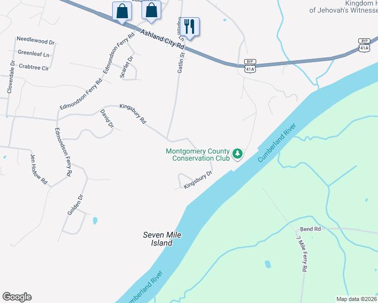 map of restaurants, bars, coffee shops, grocery stores, and more near 103 Kingsbury Court in Clarksville