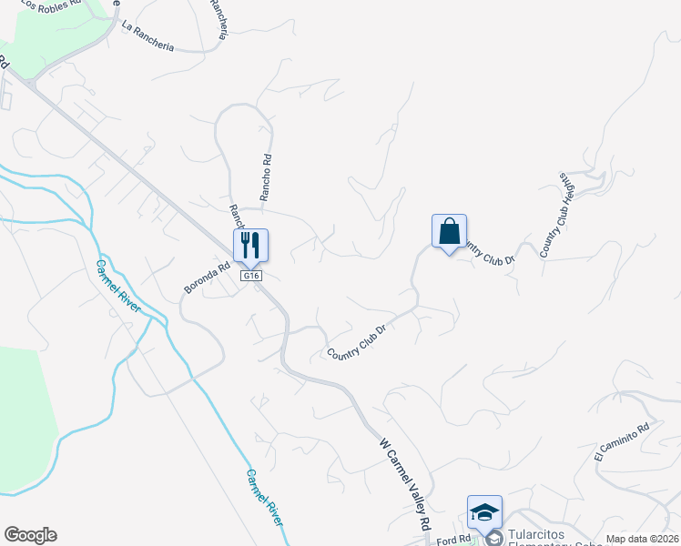 map of restaurants, bars, coffee shops, grocery stores, and more near 206 Country Club Drive in Carmel Valley