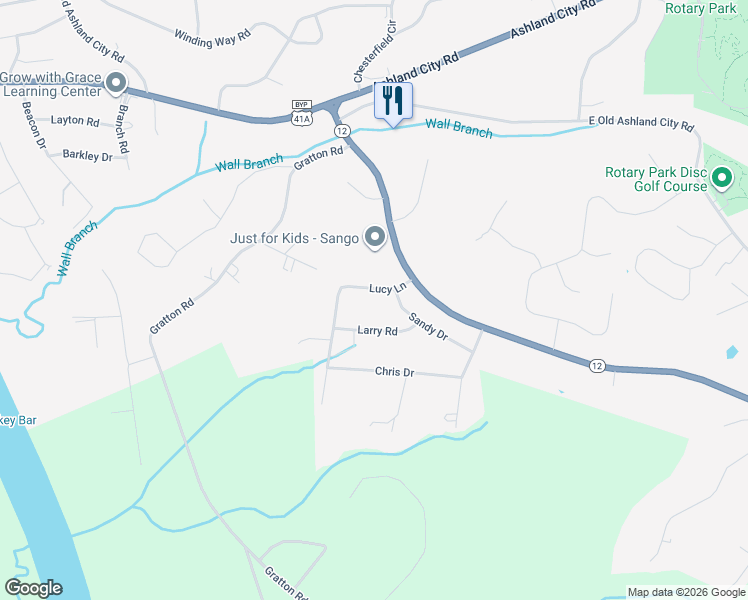 map of restaurants, bars, coffee shops, grocery stores, and more near 2411 Larry Road in Clarksville