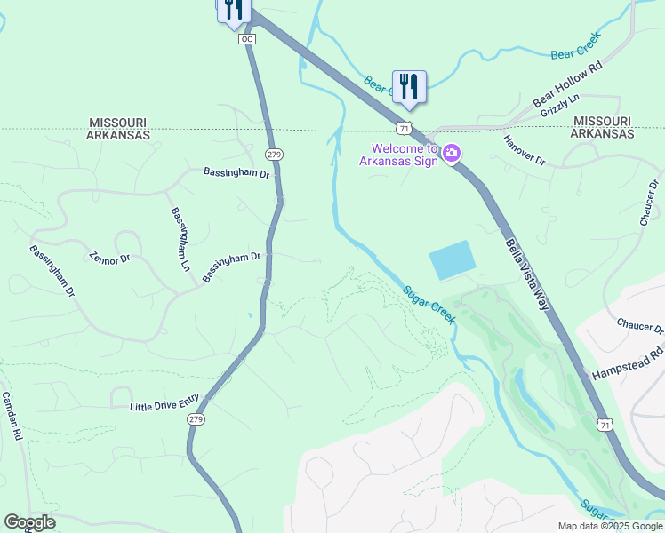 map of restaurants, bars, coffee shops, grocery stores, and more near 18 Marisco Lane in Bella Vista