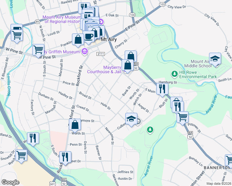 map of restaurants, bars, coffee shops, grocery stores, and more near 721 Spring Street in Mount Airy